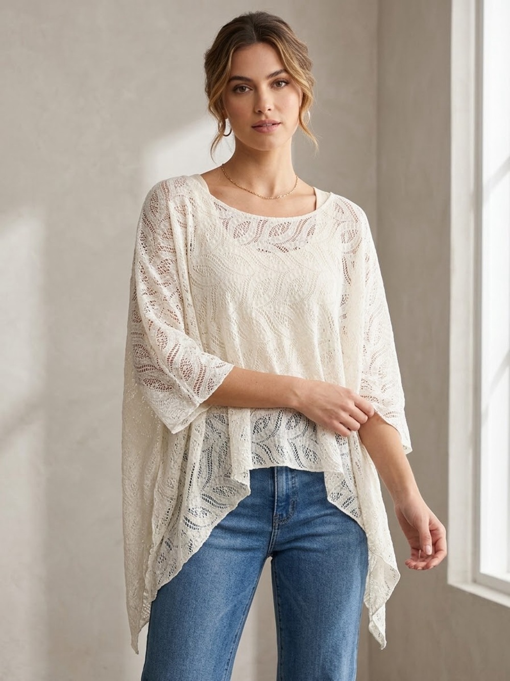 Ultra Pink Ivory Leaf-Pattern Crochet Poncho Shrug, Size 1X Cream Lace Crewneck